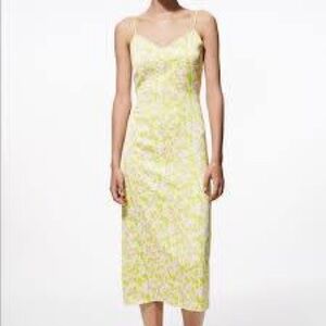 Zara Satin Effect Green and Purple Floral Midi Dress Size L